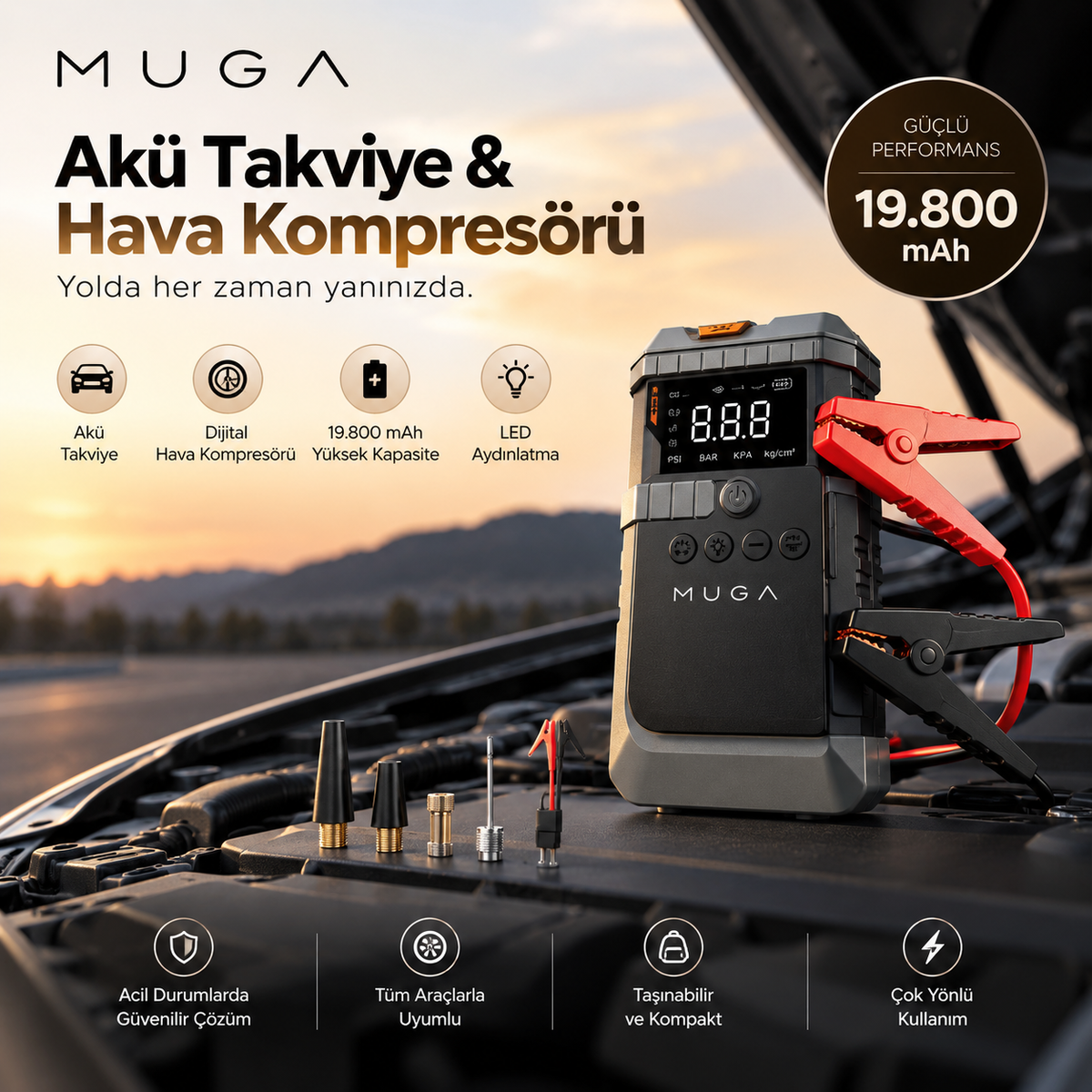 Muga 19.800 mAh Akü Takviye Cihazı & Dijital Hava Kompresörü